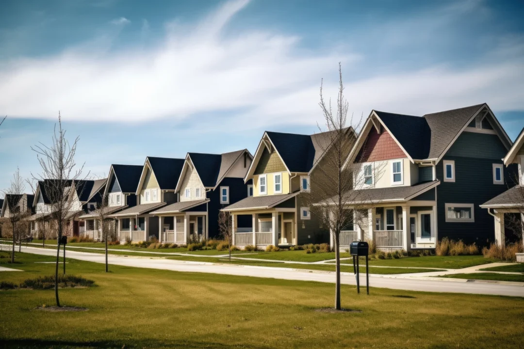 A row of modern, colorful houses with peaked roofs lined along a grassy street under a clear blue sky. Trees in the foreground are bare. A row of modern, colorful houses with peaked roofs lined along a grassy street under a clear blue sky. Trees in the foreground are bare.